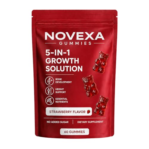 MORTAINE Novexa Growth Gummies Novexa 5 in 1 Growth Gummies with Vitamin D3 & K2 Calcium Ashwagandha Spirulina for Bone Health & Daily Vitality Support Non-GMO Strawberry Flavor 60 Count