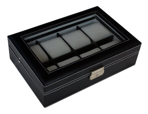 Elegant 8 Piece Xl Oversized Extra Large Black Leatherette Watch Display Case And Storage Organizer Box For Up To 65 Mm Watches With Glass Top And Large Faux Suede Grey Pillows Father's Day Gift #TOP6