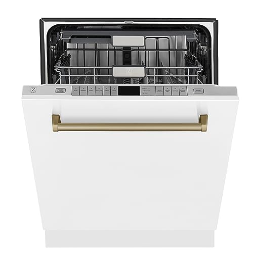 ZLINE Autograph Edition 24" 3rd Rack Top Touch Control Tall Tub Dishwasher in White Matte with Champagne Bronze Handle, 51dBa (DWMTZ-WM-24-CB) - Image 3