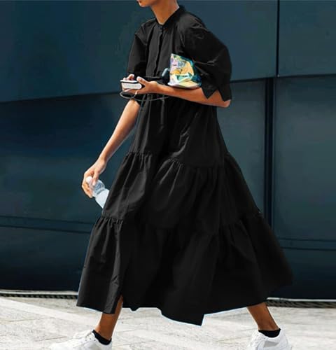 Image of chouyatou Women's Summer Puff Sleeve Maxi Tiered Babydoll Dress Casual A-Line Swing Long Shirt Dress