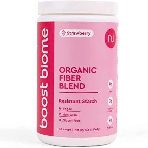 Boost Biome Fiber Supplement Organic Super Greens Powder – Supports Bloating Relief, Gut Health, Leaky Gut with Resistant Starch Powder - Green Banana Flour, Oat, Black Bean (30 Days, Strawberry)