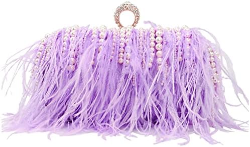 ZAKIA Women's Ostrich Feather Evening Clutch Bag Beads Pearls Purse Wedding Cocktail Birthday Party Shoulder Bag(X-Light purple)