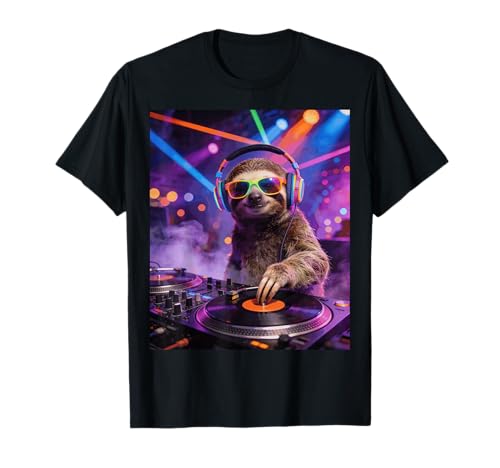 Happy DJ Sloth Smiling Headphones Rave Music Festival Vibes T-Shirt