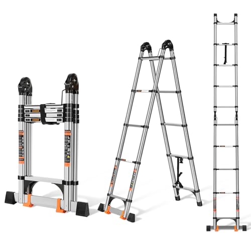 Telescoping Ladder 12.5 FT A Frame, Extension Ladder with Balance Bar Heavy Duty 330 lbs Max