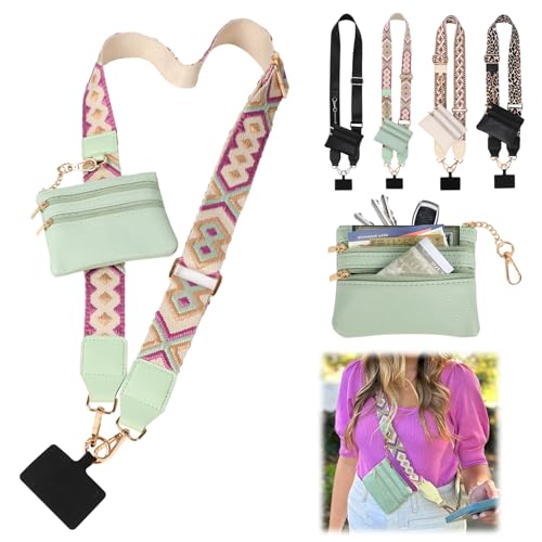 YOUSHEME Clip and Go Strap for Phone with Wallet Crossbody, Phone Strap with Zippered Pouch, Adjustable Crossbody Phone Strap with Leather Wallet for All Phones (Green)