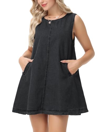 Women's Sleeveless Casual Denim Dress Crewneck Vintage Babydoll Jean Mini Dresses with Pockets2