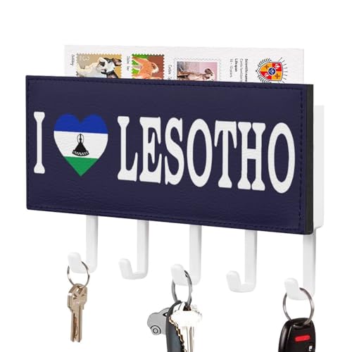 I Love Lesotho Porte-clés mural avec drapeau du Lesotho Porte-lettres et porte-clés pour entrée, porte-clés rustique avec 5 crochets, support mural pour entrée, vestiaire, couloir