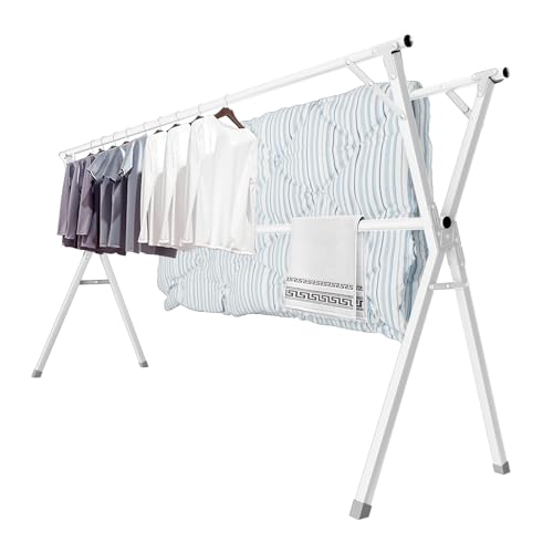 Image of 95 Inches Clothes Drying Rack, Drying Rack Clothing Folding Indoor Outdoor, Heavy Duty Stainless Steel Laundry Drying Rack, Foldable Portable Clothes Rack Garment Rack with 20 Hooks White
