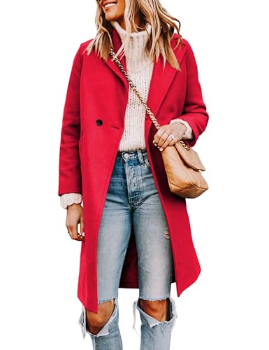 Tanming Women's Notch Lapel Double Breasted Wool Blend Mid Long Pea Trench Coat (Red-M)