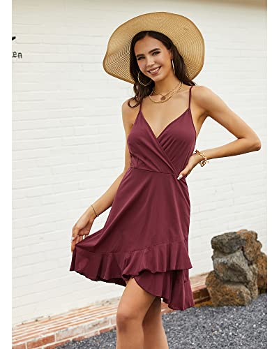 Image of ULTRANICE Womens Summer Dresses Floral V Neck Ruffled Hem Spaghetti Spring Casual Beach Outfits Flowy Wrap Sun Dress