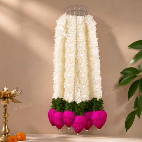 Image of Divyakosh Garlands for Home Decoration, Lotus Hangings (Pack of 5 Latkan, Size 14 Inch Each) | Offwhite Fabric & Solawood Lotus Buds | Flower Garlands for Home Decoration |