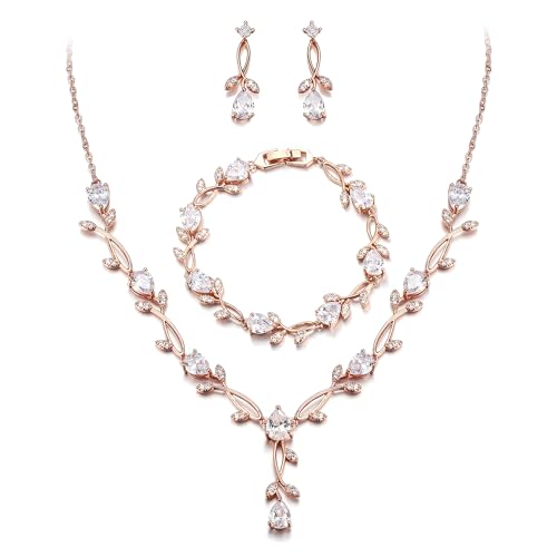 EVER FAITH Hochzeit Schmuck Set für Braut Brautjungfer, Klar Rosegold-Ton Teardrop Cubic Zirkonia Blatt Rebe Prom Halskette baumeln Ohrringe Armband für Damen