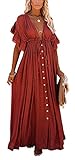 Fisoew Women's Button Down V Neck Ruffle Flowy Maxi Dress Drawstring Empire Waist Long Dress with Pocket Red
