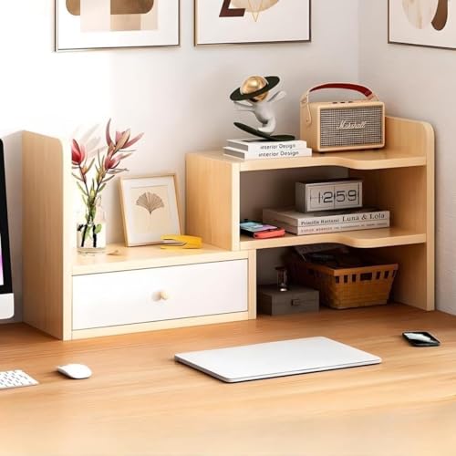 Xozilo 卓上棚 伸縮型 デスクラック 大容量 小物収納 机上整理 本棚 本立て 組立簡単 引き出し付き置き棚 (スタイル3 (30-60) *22*35cm)