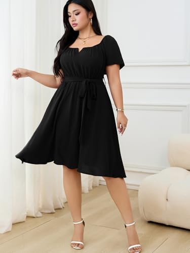 Image of RWJ Plus Size Women Dress V Neck Short Sleeve Mini Formal Wedding Cocktail Party Dresses with Belt