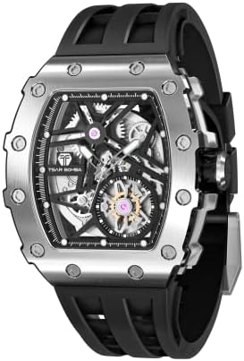 TSAR BOMBA Men Watches Automatic Mechanical Japanese Movement Classic Skeleton Analog Watch Tonneau Wrist Watch 22mm Silicone Strap Waterproof 5ATM Gift Work Sport Watch for Men