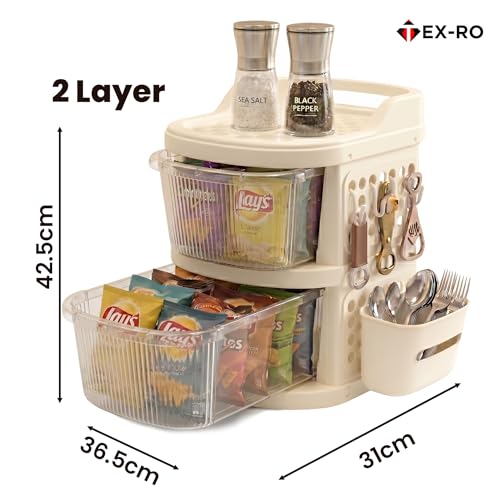 Image of TEX-RO 2 Layer Plastic Drawer Cabinet with Wheels & Side Hooks | Stackable Storage Trolley Organiser for Kitchen | Multipurpose Drawers Organisers Rack with Basket - Transparent & Ivory