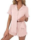 Ekouaer Pajamas Set for Women Button Down Pjs Lounge Sets Ruffle Short Sleeve Sleepwear Cute Loungewear,Pink,Medium