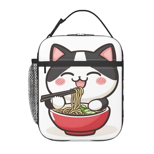 Zeleda Cat Ramen Lunch Bag, Polyester Tote Bags with Cute Cartoon Kitten Eating Noodle, Insulated Lunchbox, Portable Lunchbag Decor Gifts for Work, Picnic, School, Travel, Hiking, Beach or Fishing