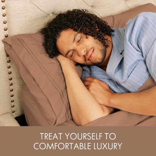 Image of ClevaHome Twin Size Sheet Set - 4 Piece Fitted Sheets Set, Sandy Brown | Soft Luxury Breathable, Shrink & Fade Resistant, Embroidered Bed Sheets, 14-inch Deep Pocket, 2 Extra Pillowcases