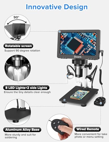 Image of 7'' Digital Microscope 1200X, 12MP 1080P Photo /Video Microscope for Adults Soldering Coins,Metal Stand,Wired Remote,10 LED Fill Lights,PC View,Windows /Mac - Black