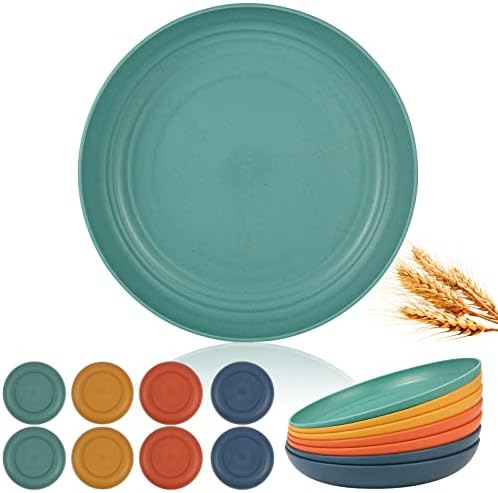 YEENAASY Dinner Plates Set of 8 Unbreakable Wheat Straw Plate Sets Alternative for Plastic Plates Reusable Microwave and Dishwasher Safe Dinnerware 9 Inch Lightweight Kids Plates For Salad Pasta