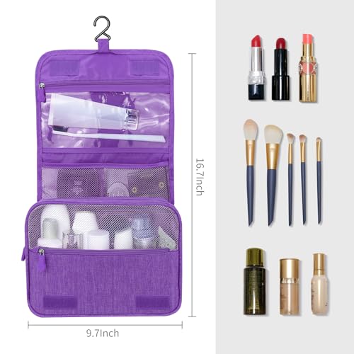 Image of Lcsmaokin Large Capacity Toiletry Bag Travel Bag with Hanging Hook for Men and Women Waterproof Travel Cosmetic Bag Bathroom Storage Bag for Brushes Set, Full-Sized Shampoo, Toiletries, Accessories, Purple