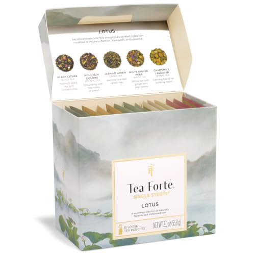 Image of Tea Forte Single Steeps Loose Leaf Tea Sampler, Assorted Variety Tea Box, 15 Single Serve Pouches, Lotus