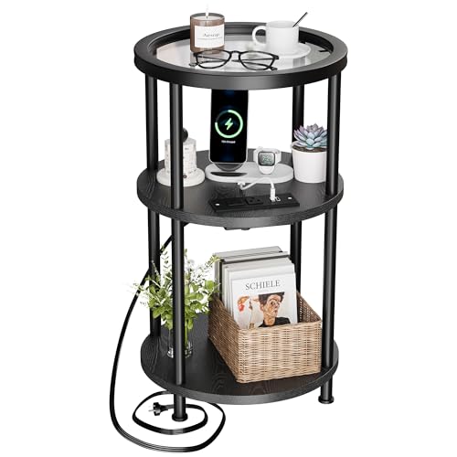 Homeiju Round Side Table with Glass Top, 3-Tier Glass End