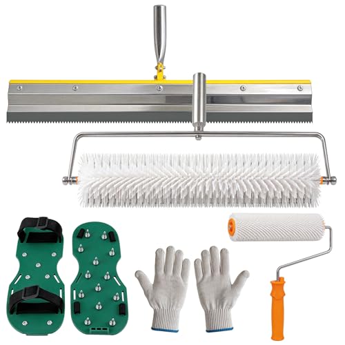 Outils de Ciment Ragreage, Kit avec 2 Rouleau Debulleur Ragreage 23cm + 48cm Raclette Grande Surface 56cm et Chaussures à Clous Pointes de Longueur 3cm pour...