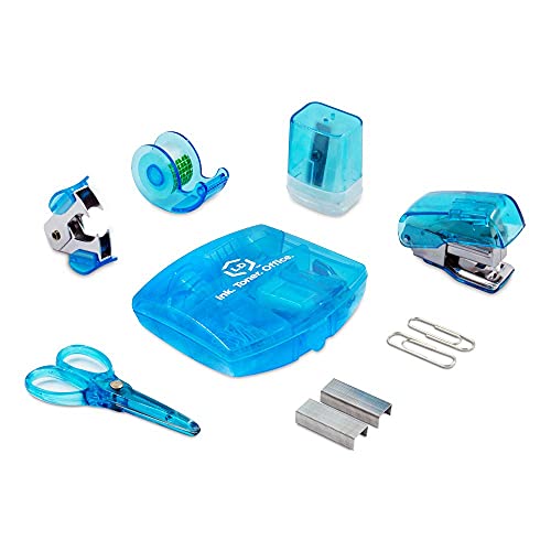 LD Products Blue Mini Office Supply Kit Portable Case with Scissors Paper Clips Tape Dispenser Pencil Sharpener Stapler amp Staple Remover