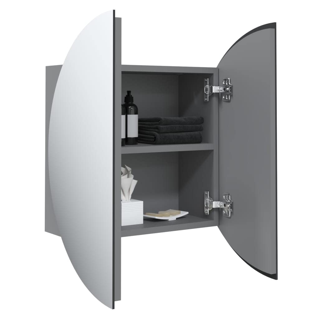 Badezimmerschrank mit LED rundem Spiegel Grau 40x40x17,5 cm Holzwerkstoff Wandbefestigung praktischer Stauraum moderner Look für kleine Badezimmer Gäste WC und Wellnessbereich
