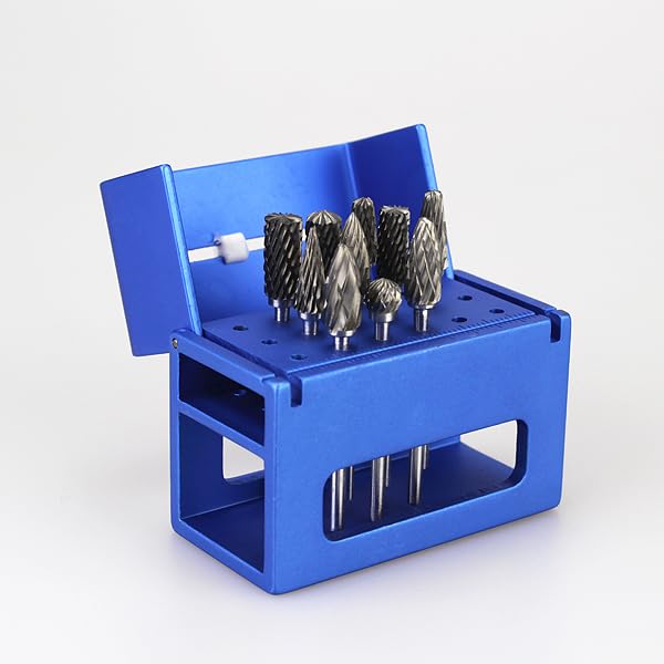 Airgoesin 10pcs HP Cutting Burs Drill Polisher Cutter Tungsten Carbide 3/32" inch + Low Speed Burs Files Reamer Autoclavable Holder Block Case with Ruler