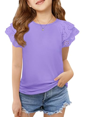 Image of Haloumoning Girls Ruffle Sleeve T Shirts Summer Short Sleeve Casual Cute Crewneck Tops Tees 5-14 Years