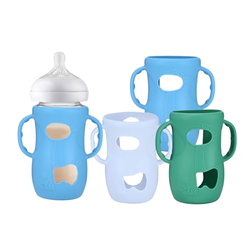 Image of Vrufamt 3 pack silicone sleeves for philips avent natural baby bottle - anti breakage bottle holder with handle for avent glass bottles, compatible with 8 oz philips avent bottle for baby self feeding