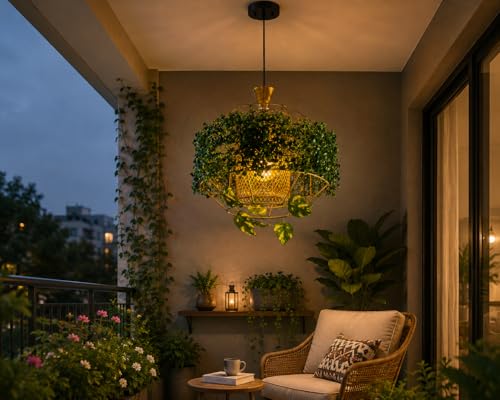 Image of with Bulb Golden MetalCage with Artificial Planter Shaped Pendant Lamp | Hanging Lamp for Living Room| Ceiling Lamp for Bedroom, Kitchen, Balcony, Restaurant /Cafe, for Home Decor