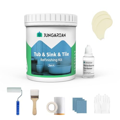 Jungarian Tub and Tile Refinishing Kit 17.5oz with Tools, Low Odor DIY Bathroom Paint Sink Tub Countertop Tile Shower Paint for Bathroom Kitchen Porcelain Fiberglass, Semi-Gloss Cream