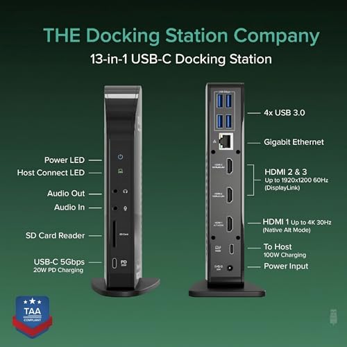 Image of Plugable USB-C Triple Monitor Docking Station: 13-in-1 Laptop Dock with 100W Charging for Mac (DisplayLink Driver Required), Windows, Chrome, 3 HDMI, Gigabit Ethernet, SD, USB-C 20W, 4 USB - UD-ULTCDL