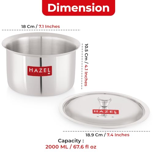 HAZEL Stainless Steel Patila with Lid Cooking Vessel, 2000ml | Mirror Finish Cooking Pot | Durable Induction & Gas Compatible Bhagona/Tope for... - Image 3
