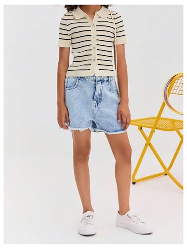 SweatyRocks Girl's Striped Button Down Cropped Cardigan Casual Collar Short Sleeve Knit Sweater Tops4