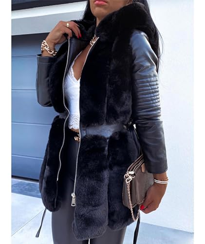 Sexyshine Women's Faux Fur Jacket Faux Leather Shearling fleece Fur Lined Coat Zipper Up Hooded Parka Overcoat with Belt4