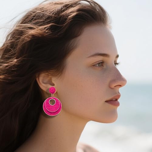 Image of Raffia Hoop Earrings for Women - Boho Straw Wiker Dangle Drop Earrings for Summer Beach, Bohemian Trendy Rattan Jewelry