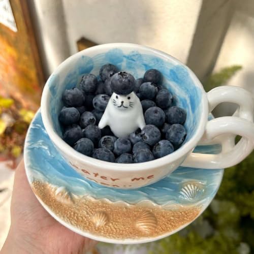 Cute Cartoon Seal Ceramic Mug,Handmade Coffee Cup with 3D Swimming Seal Figure,Novelty 3D Standing SealFigurine InsideCup With Textured Ocean Beach Seashell Saucer,'Water Me Human' Design,For Coffee - Image 4