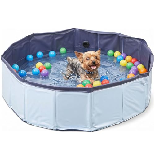Image of VFM/Crufts - Dog Paddling Pool 80cm, Small Paddling Pool for Dogs and Puppies, Foldable Pvc Pet Tub, Portable Non-Inflatable Outdoor Garden Play Tub for Bathing and Cooling, Blue