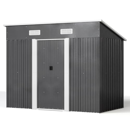 XEMQENER Garden Storage Shed with Base, 4x8 FT Outdoor Metal Storage Shed, Lockable Garden Shed with Door and Roof for Garden Tools, Garden Equipment, Bike, 238x131x182cm, Black