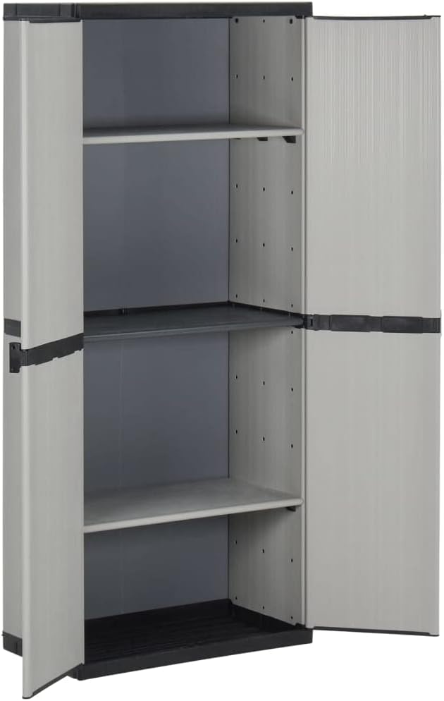 Grey PVC Medium Garden Storage Cabinet with 3 Adjustable Shelves, Lockable Design for Outdoor and Indoor Use, Durable Water-Resistant Plastic Construction, Modern Matte