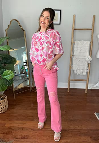 Luvamia 2023 Women's Floral Boho Babydoll Flowy Top - Dressy Casual Bell Sleeve Shirt, Summer Maternity, Hot Pink, Size Medium #TOP4