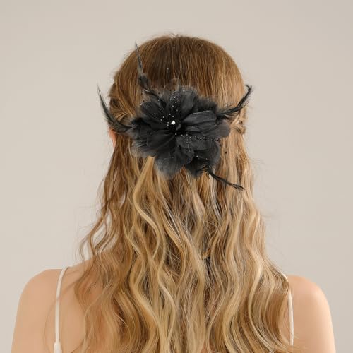Pinza vintage para cabello con plumas y flores grandes miniatura 3