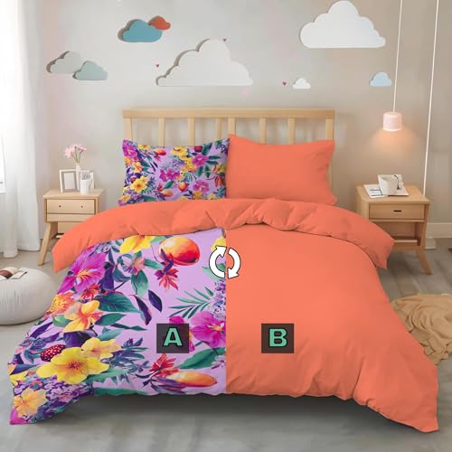 Housse de couette 140x200 mauve tropicale en version réversible avec taies - 5