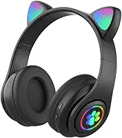 Fone de Ouvido com Orelha de Gatinho Infantil Headphone Bluetooth com Luzes RGB nas Orelhinhas e Patinhas para Crianças Tamanho Ajustável Dobrável (Preto)